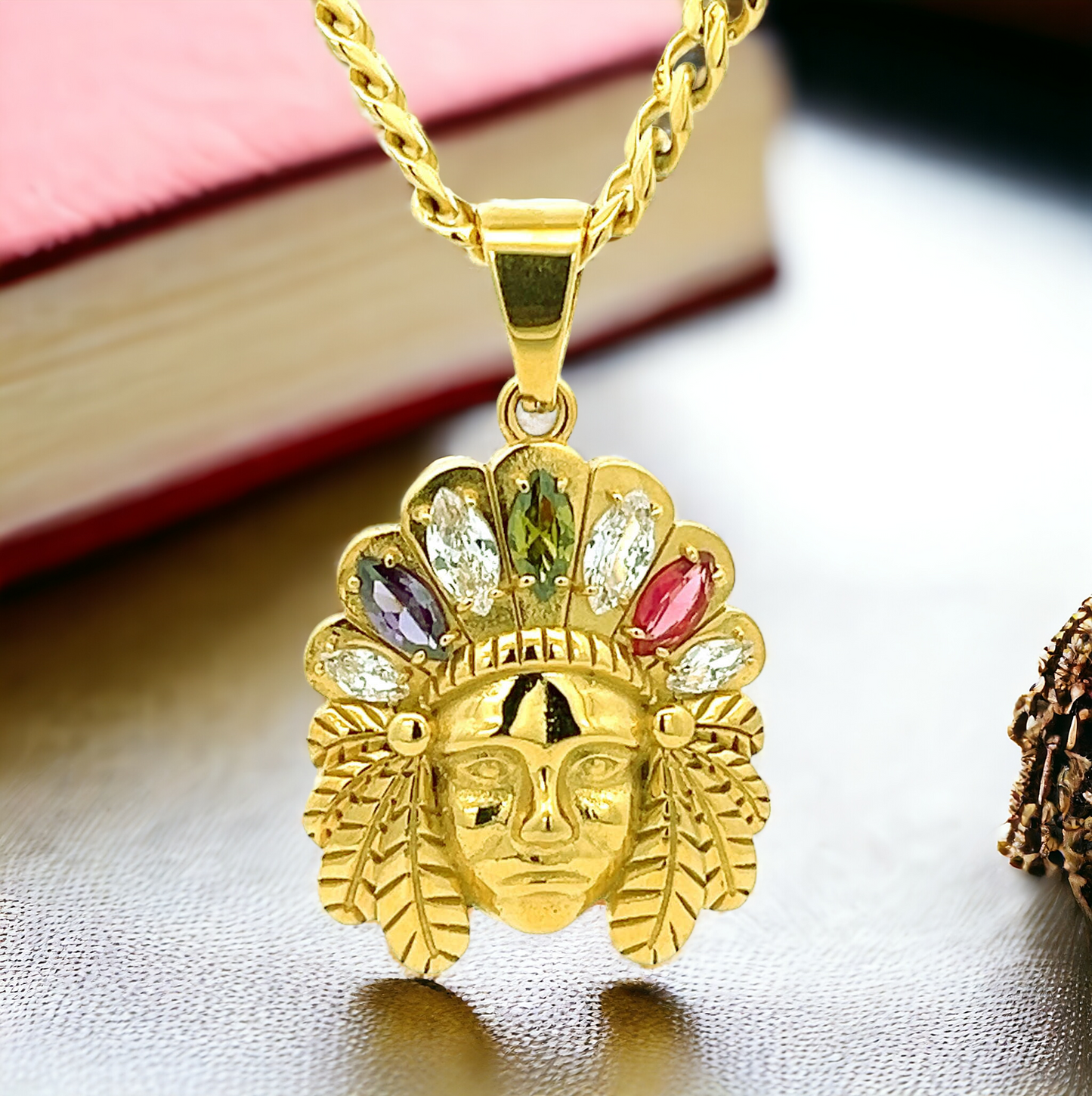 Simulated Diamond Cubic Zirconia Pendant with Indian Head Symbol - LAX Jewelry