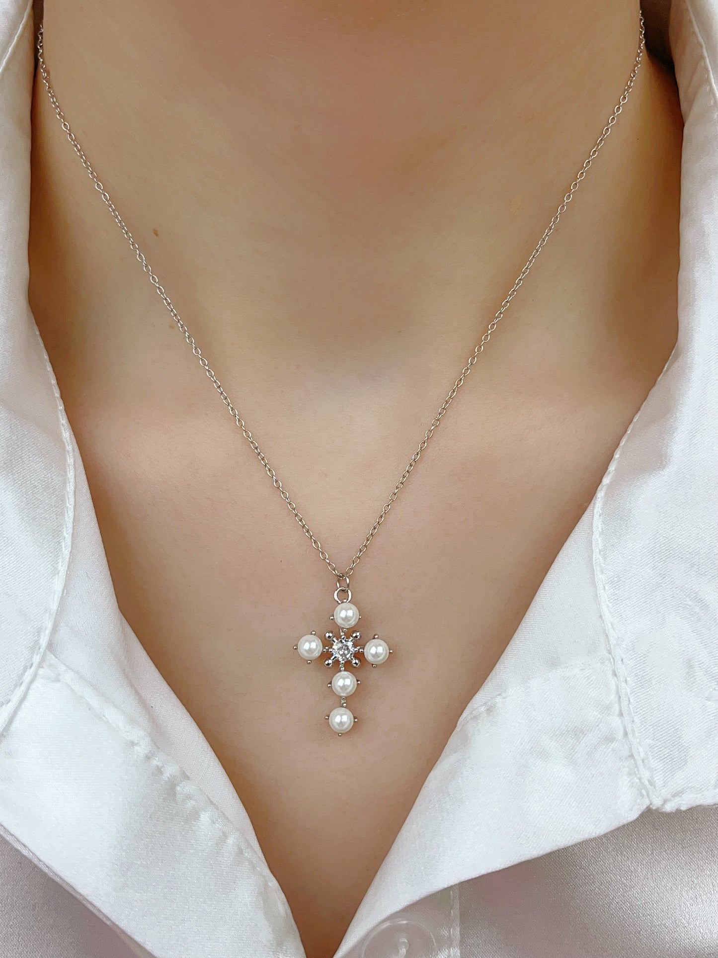 Sterling Silver Shell Pearl Cross Necklace for Women - LAX Jewelry