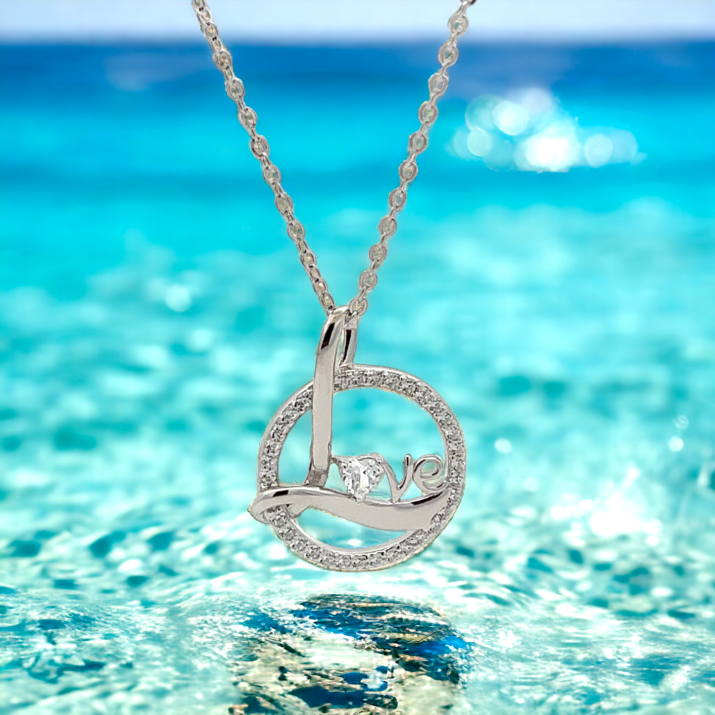 Sterling Silver Round-Shaped 'Love' Necklace Adorned with Simulated Diamond CZ - LAX Jewelry