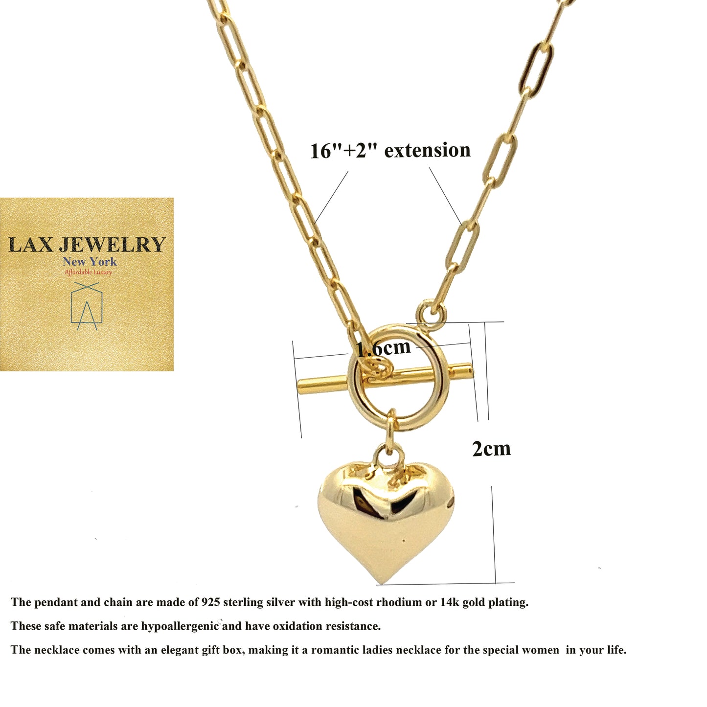 925 Sterling Silver Heart Necklace Pendant with 14K Gold Plated or Rhodium Plated for Women - LAX Jewelry