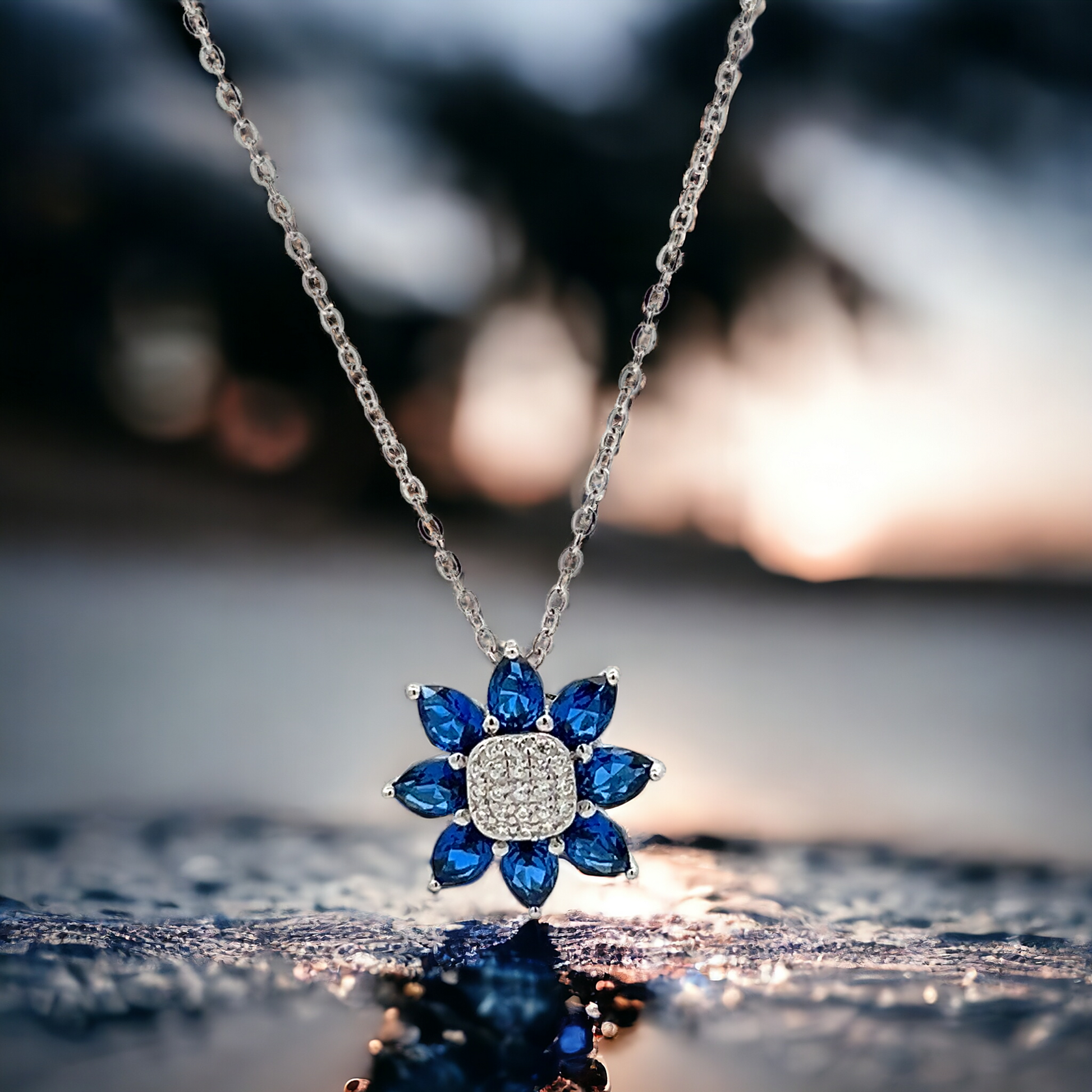 925 Sterling Silver Spring Daisy Simulated Sapphire Charm Flower Necklace for Women - LAX Jewelry