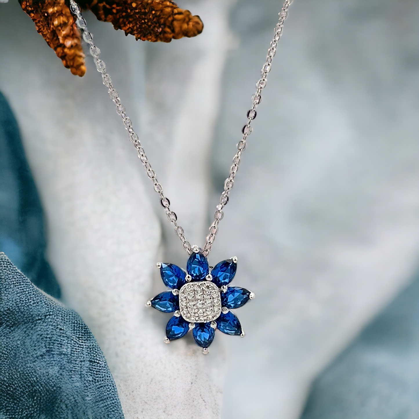 925 Sterling Silver Spring Daisy Simulated Sapphire Charm Flower Necklace for Women - LAX Jewelry