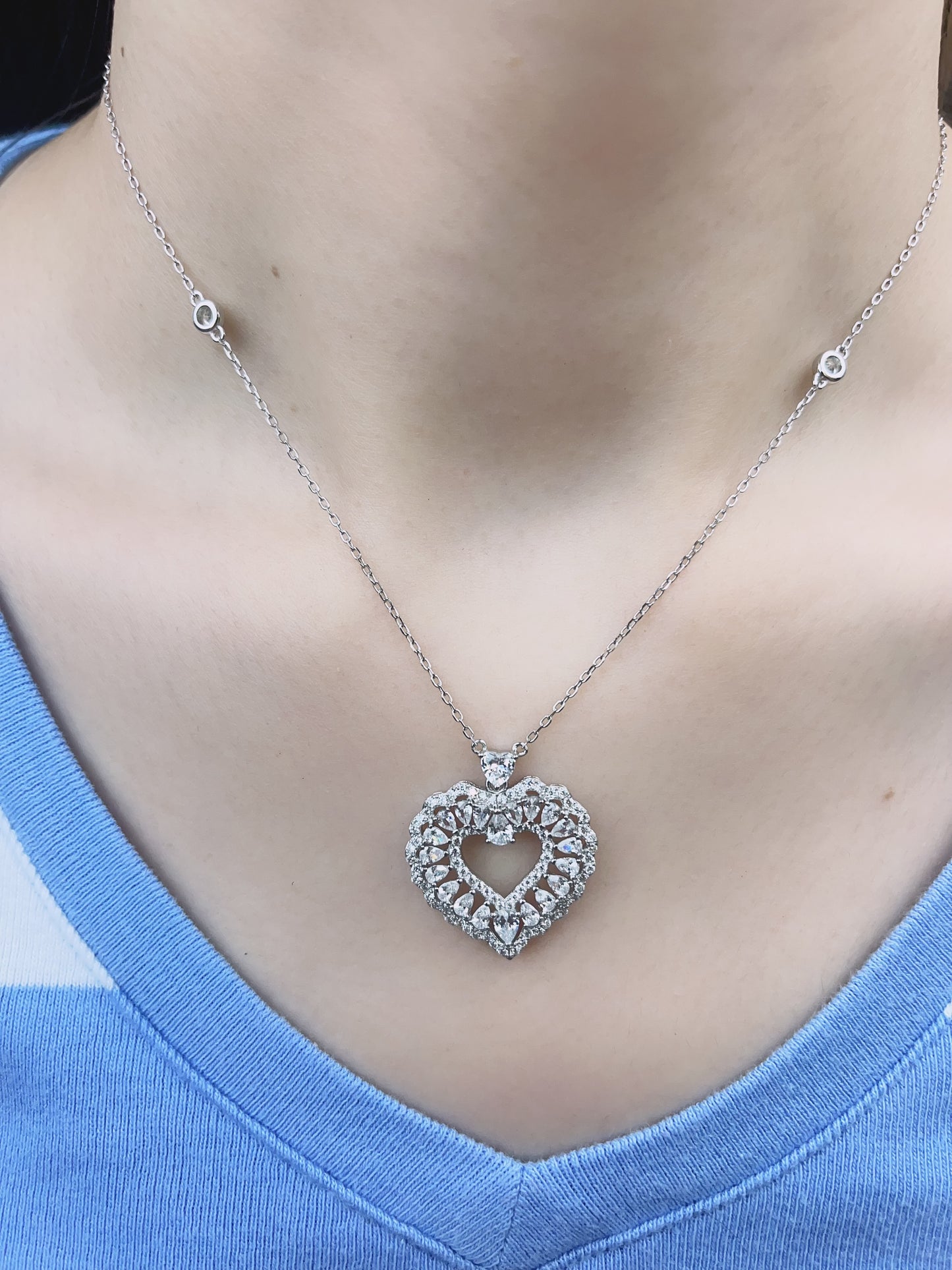 925 Sterling Silver with Heart Shaped Simulated Diamond Cubic Zirconia Necklace for Women - LAX Jewelry