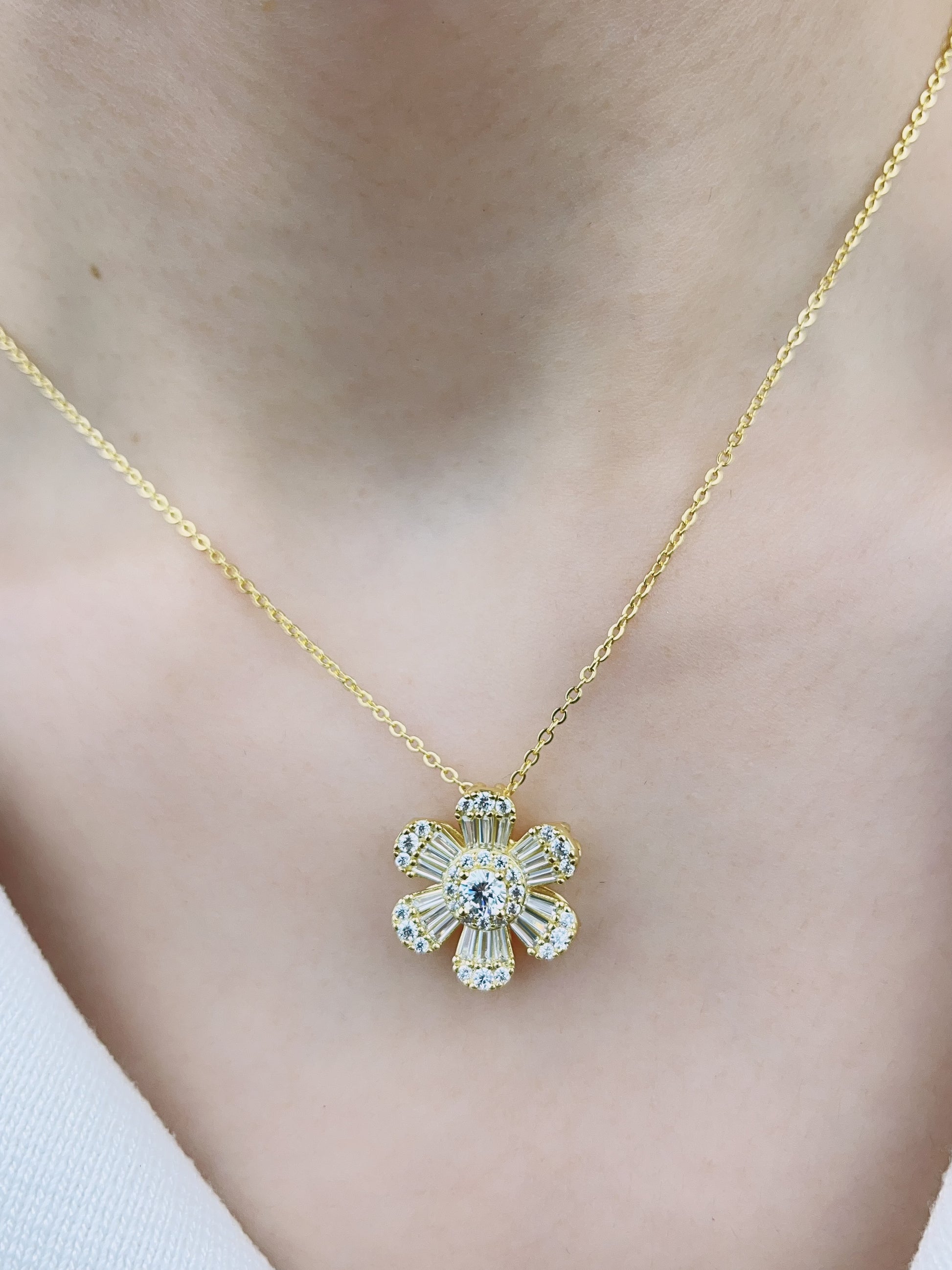 Sterling Silver with Simulated Diamond CZ 6 Flower Petals and 1 Flower Core Necklace for Women - LAX Jewelry