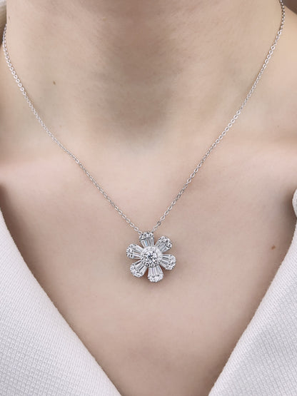 Sterling Silver with Simulated Diamond CZ 6 Flower Petals and 1 Flower Core Necklace for Women - LAX Jewelry