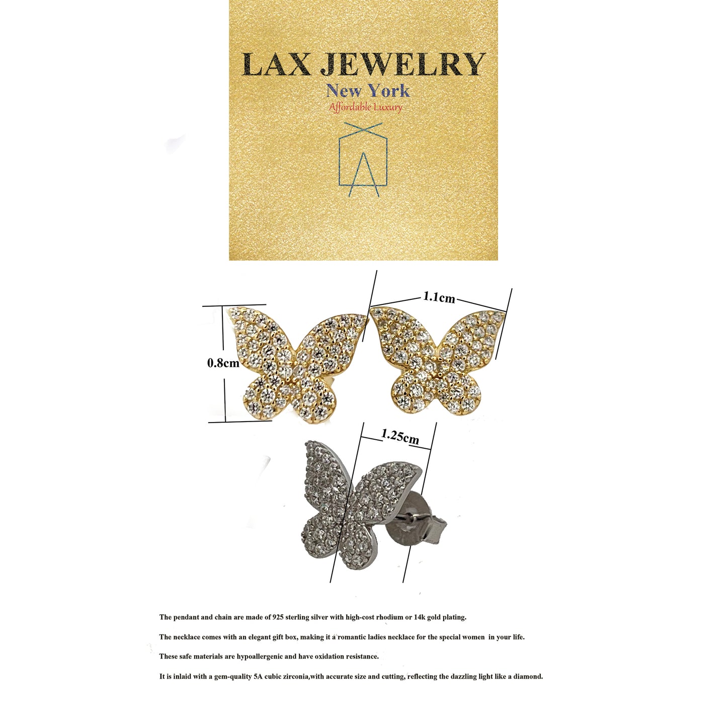 Sterling Silver with Simulated Diamond Butterfly Shaped Earrings for Women Jewelry - LAX Jewelry