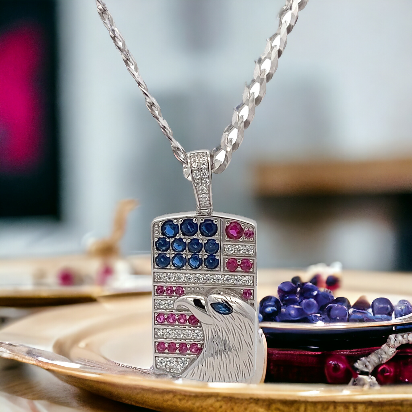 Sterling Silver Simulated Diamond Cubic Zirconia American Flag with Eagle Pattern Pendant - LAX Jewelry