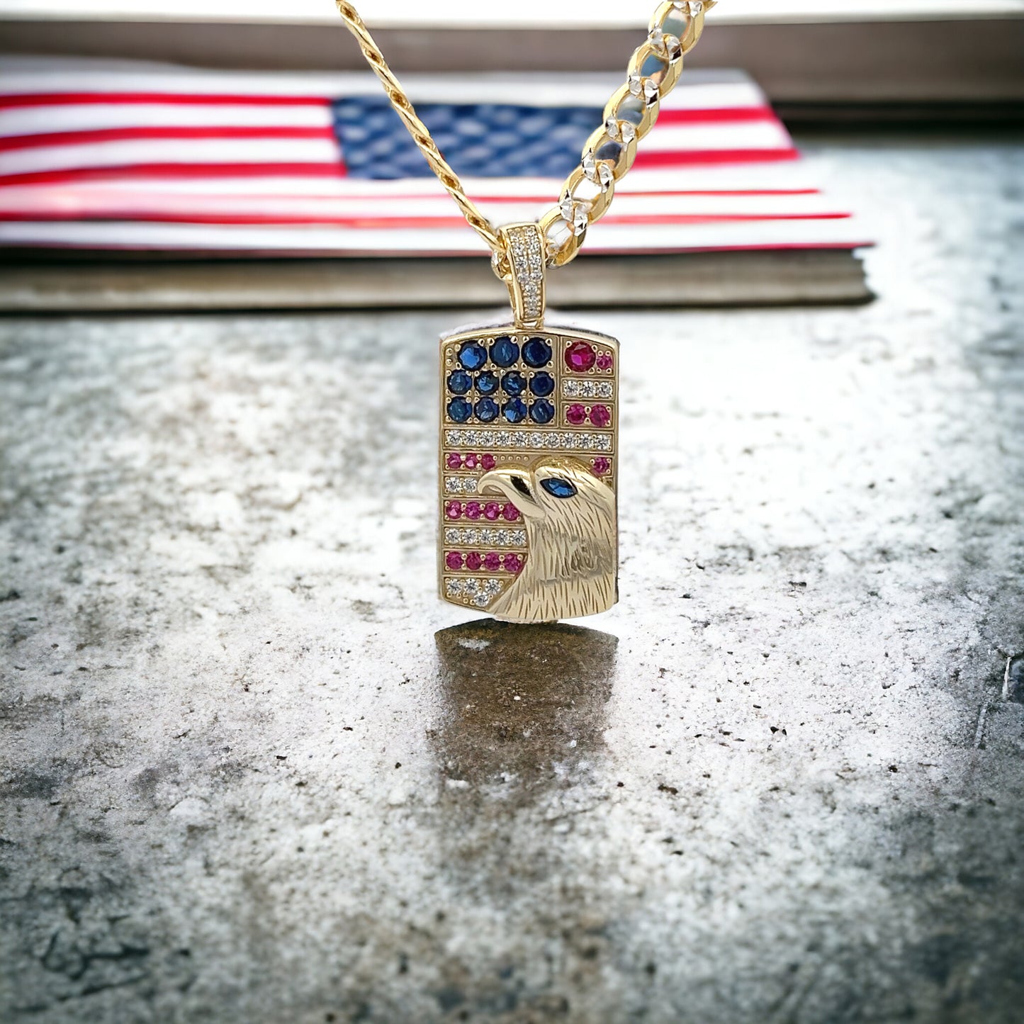 Sterling Silver Simulated Diamond Cubic Zirconia American Flag with Eagle Pattern Pendant - LAX Jewelry