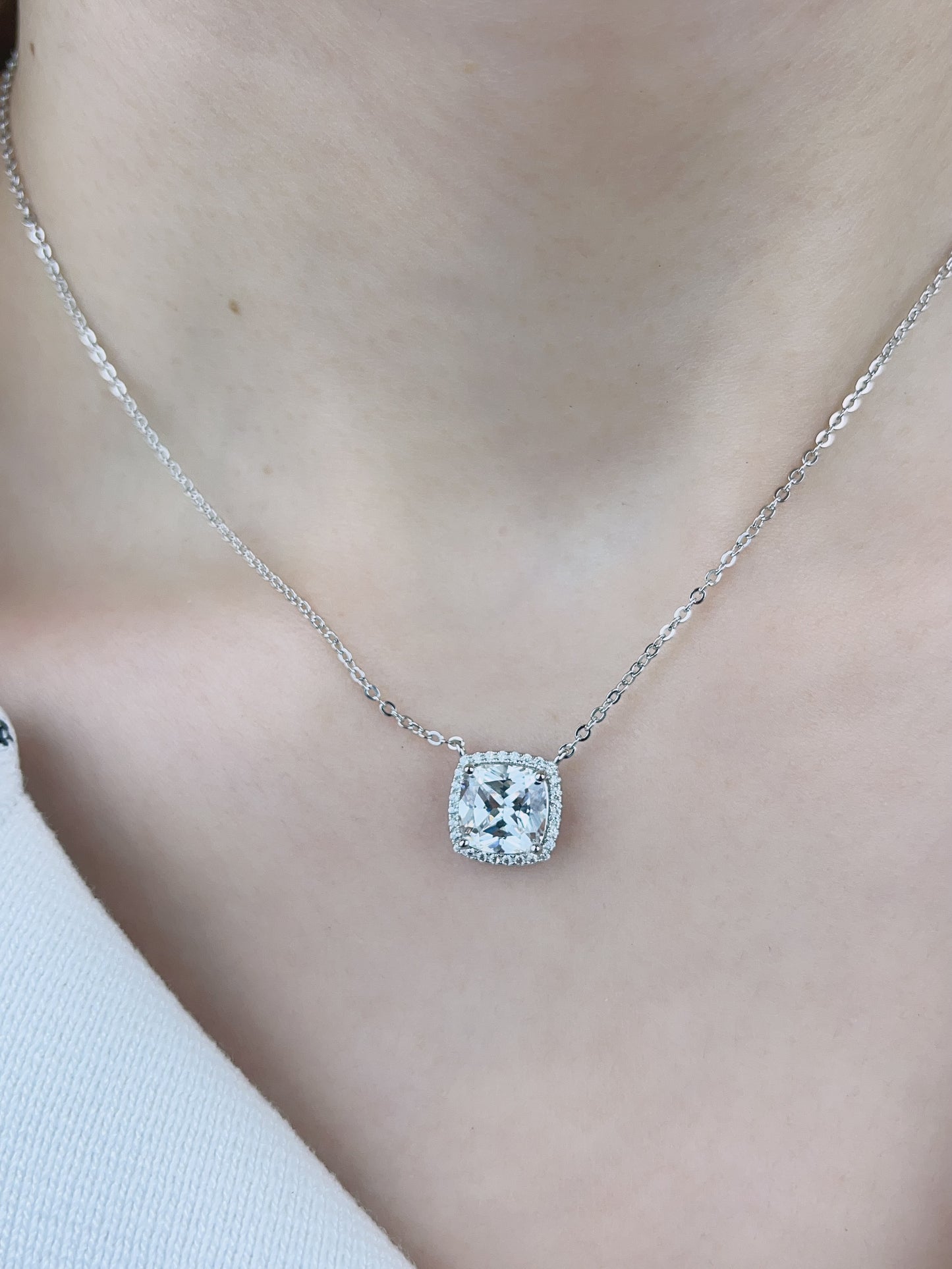 Sterling Silver with Square Shaped Sparkling Simulated Diamond Necklace for Women - LAX Jewelry