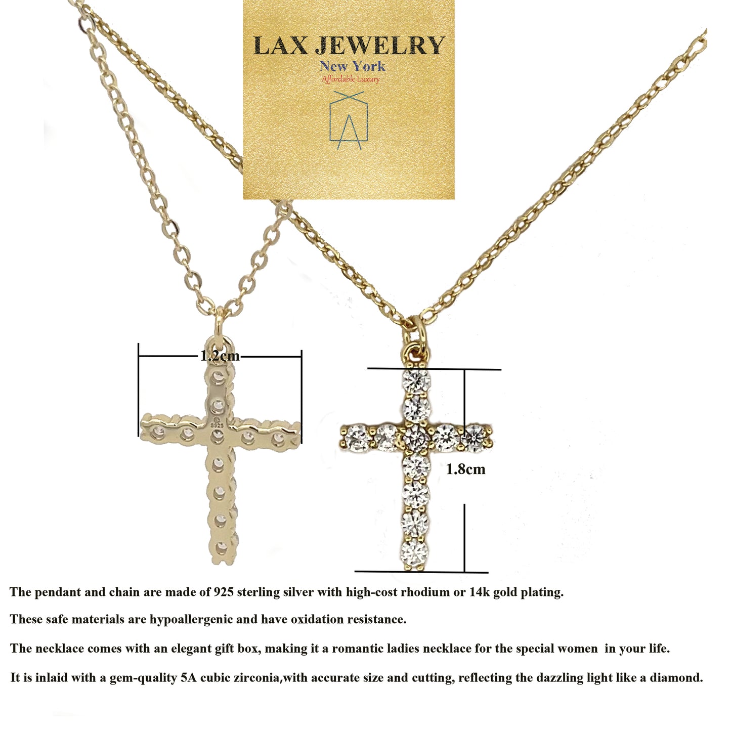 925 Cross 925 Sterling Silver 14K Gold Plated Necklace - LAX Jewelry