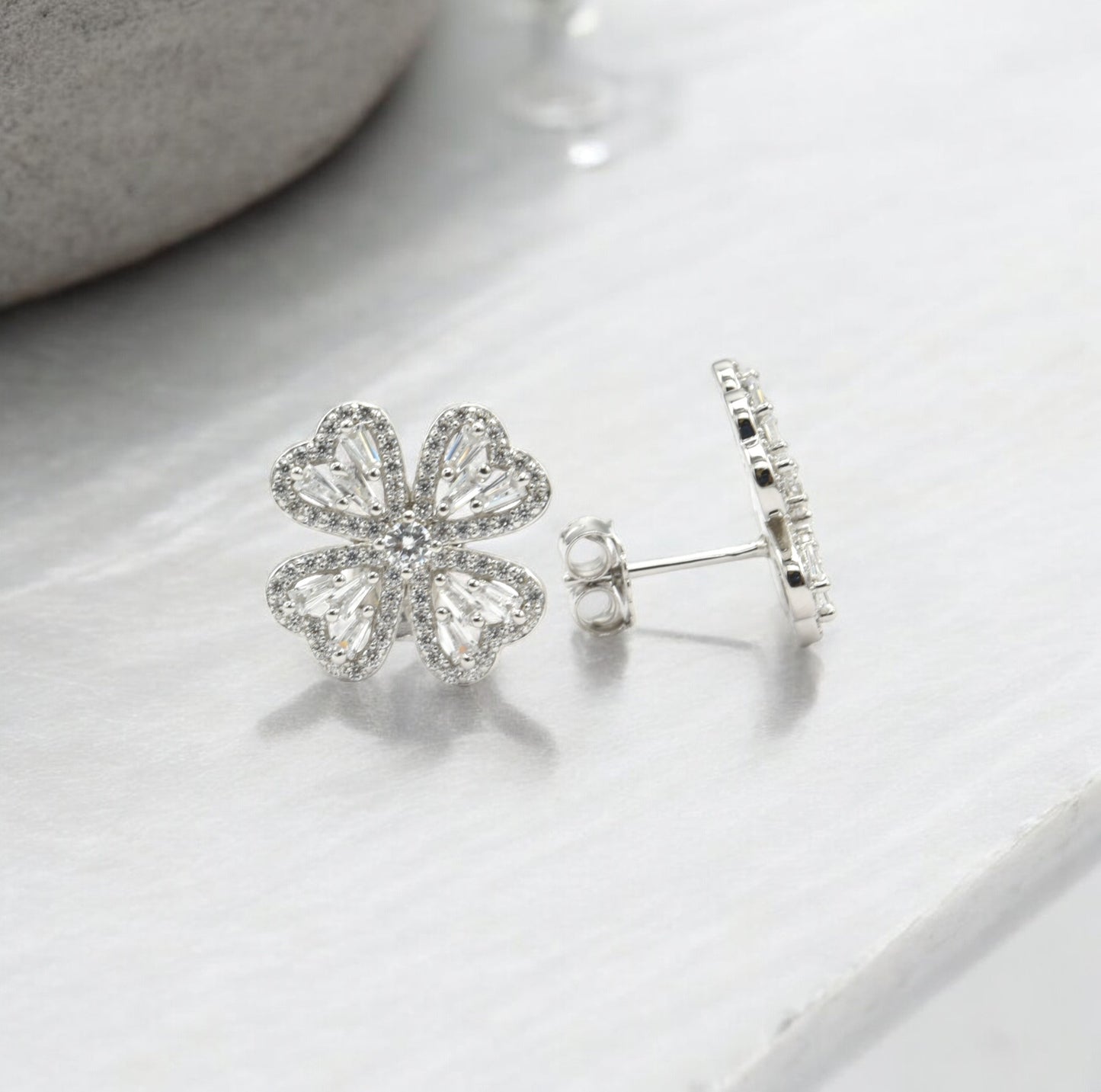 Sterling Silver with Simulated Diamond CZ 6 Flower Petals and 1 Flower Core Earrings for Women - LAX Jewelry