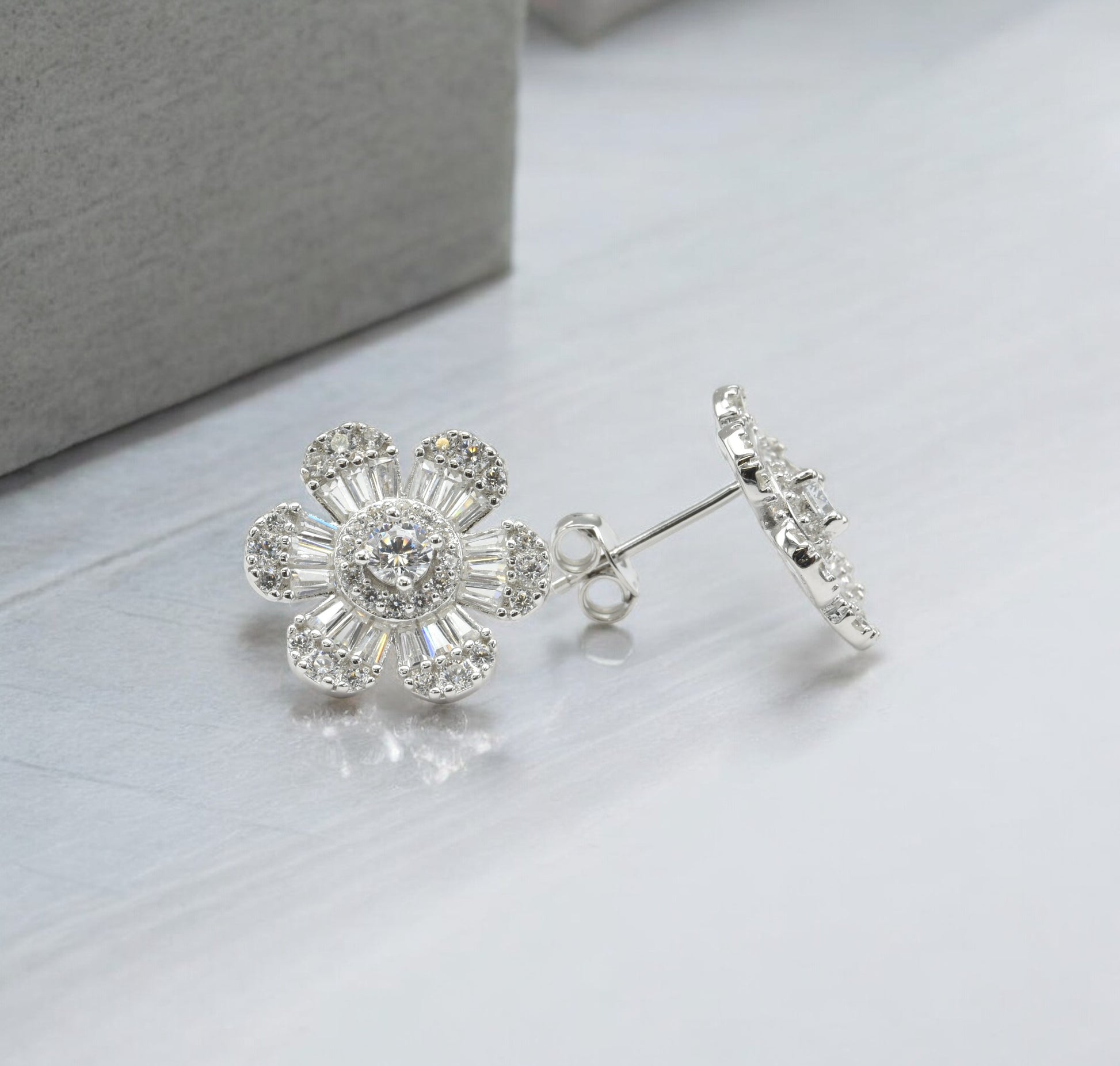 Sterling Silver with Simulated Diamond CZ 6 Flower Petals and 1 Flower Core Earrings for Women - LAX Jewelry