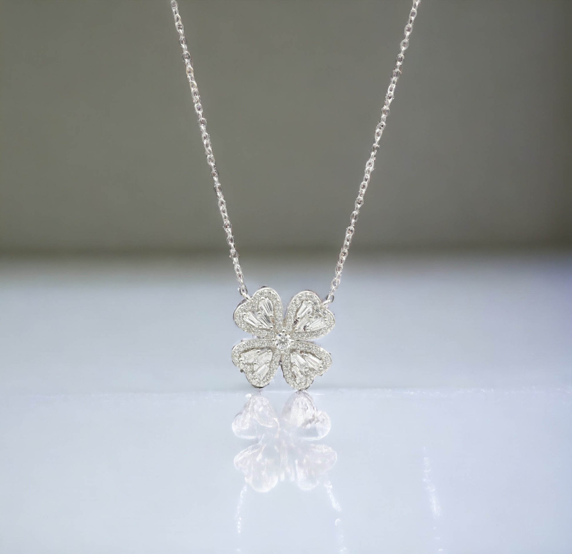 Sterling Silver with Simulated Diamond CZ 4 Flower Petals and 1 Flower Core Necklace for Women - LAX Jewelry