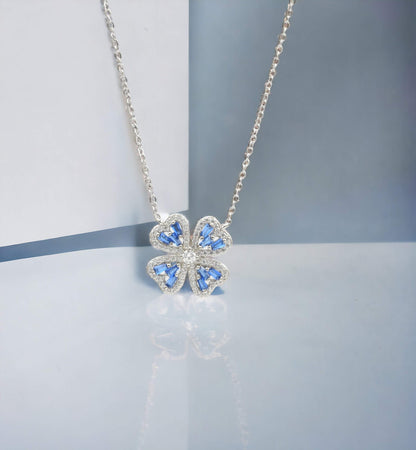 Sterling Silver with Simulated Diamond CZ 4 Flower Petals and 1 Flower Core Necklace for Women - LAX Jewelry