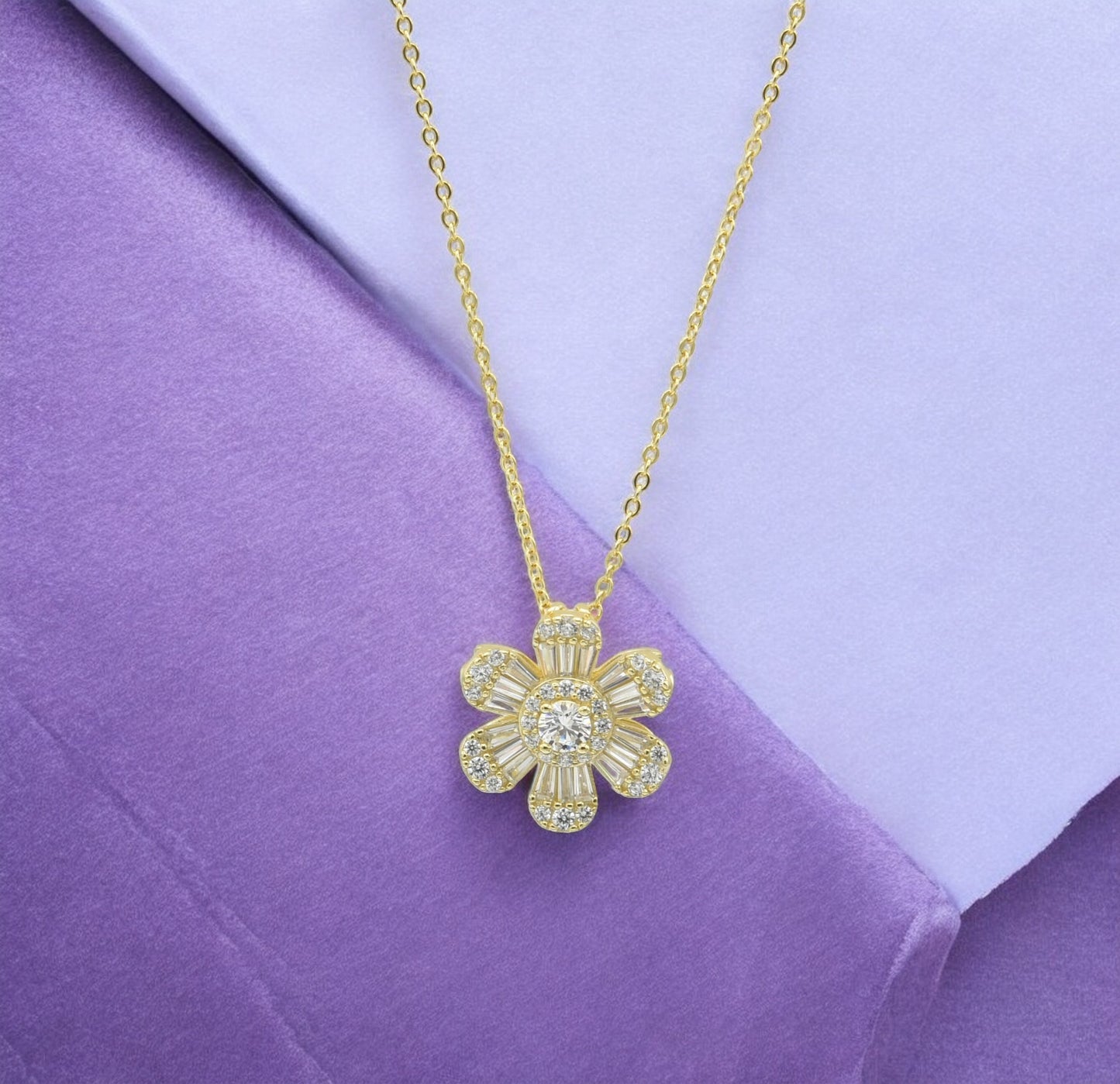 Sterling Silver with Simulated Diamond CZ 6 Flower Petals and 1 Flower Core Necklace for Women - LAX Jewelry