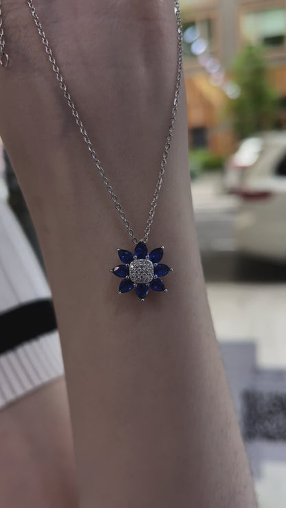 925 Sterling Silver Spring Daisy Simulated Sapphire Charm Flower Necklace for Women