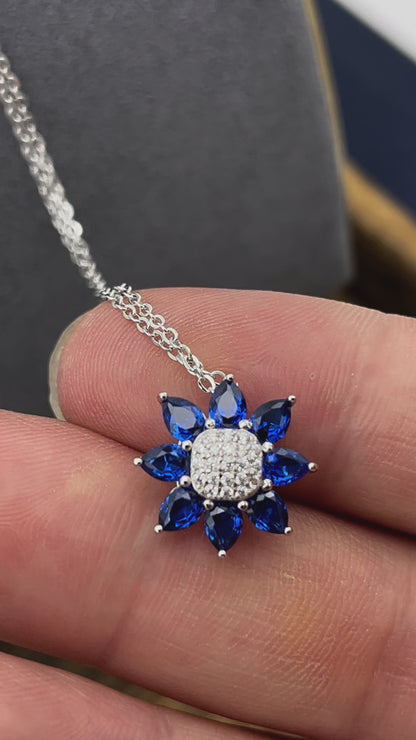 925 Sterling Silver Spring Daisy Simulated Sapphire Charm Flower Necklace for Women