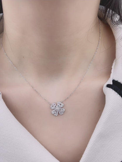 Sterling Silver with Simulated Diamond CZ 4 Flower Petals and 1 Flower Core Necklace for Women