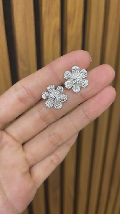 Sterling Silver with Simulated Diamond CZ 6 Flower Petals and 1 Flower Core Earrings for Women