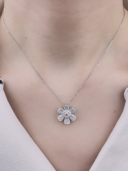 Sterling Silver with Simulated Diamond CZ 6 Flower Petals and 1 Flower Core Necklace for Women