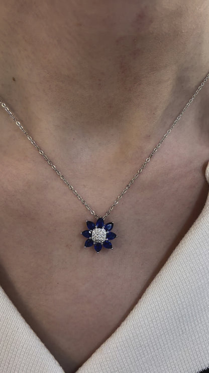 925 Sterling Silver Spring Daisy Simulated Sapphire Charm Flower Necklace for Women