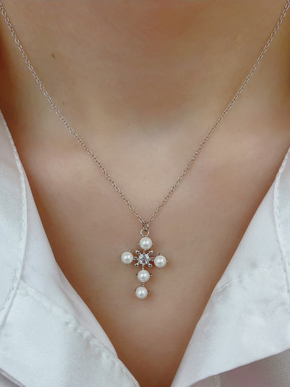 Sterling Silver Shell Pearl Cross Necklace for Women