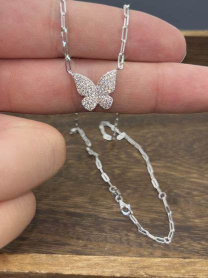 Sterling Silver Simulated Diamond Butterfly Necklace Pendant for Women