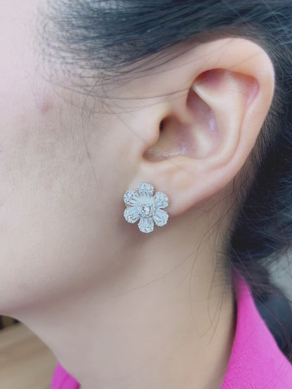 Sterling Silver with Simulated Diamond CZ 6 Flower Petals and 1 Flower Core Earrings for Women